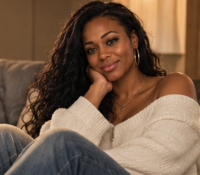 AMARE relaxing off-camera in a cream sweater