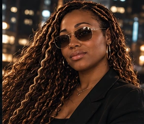 AMARE in sunglasses against evening city lights